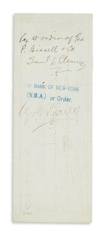 TWAIN, MARK. Check endorsed, Pay to order of Geo. / P. Bissell & Co. / Saml L. Clemens, on verso, to him from his publisher Frank E.